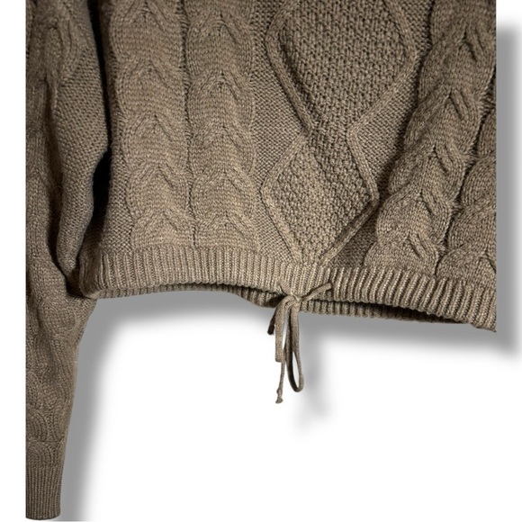 Vigoss Brown Cable Knit Front Tie Long Sleeve Cropped Crew Neck Sweater - Picture 16 of 16